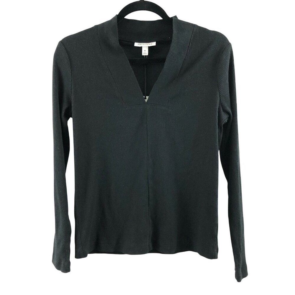 Prologue Womens Top V Neck Long Sleeve Ribbed Basic Black Size M